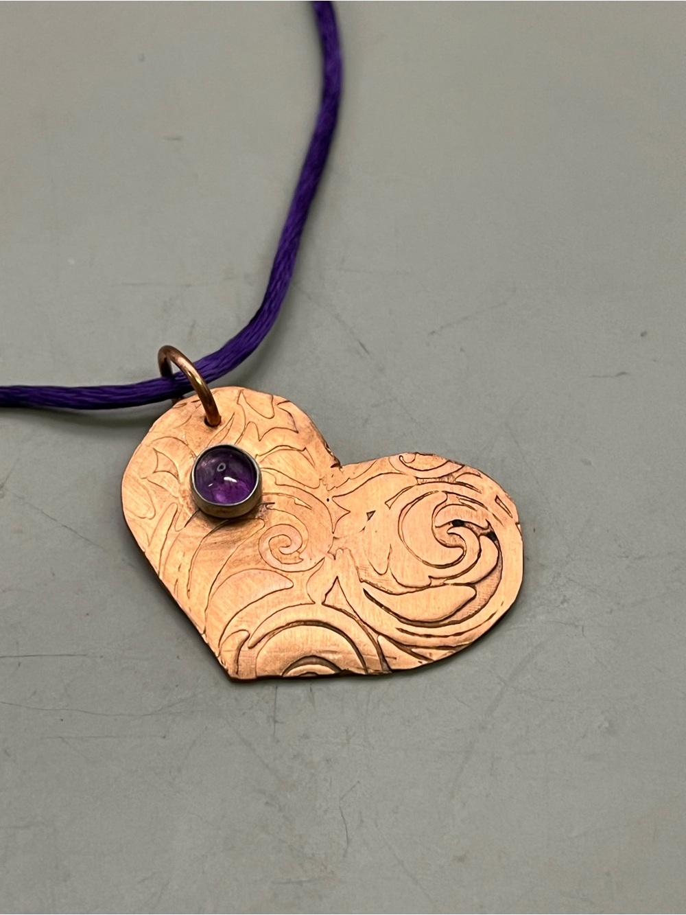 Handmade Copper Heart Necklace Amethyst Gemstone Boho Artisan